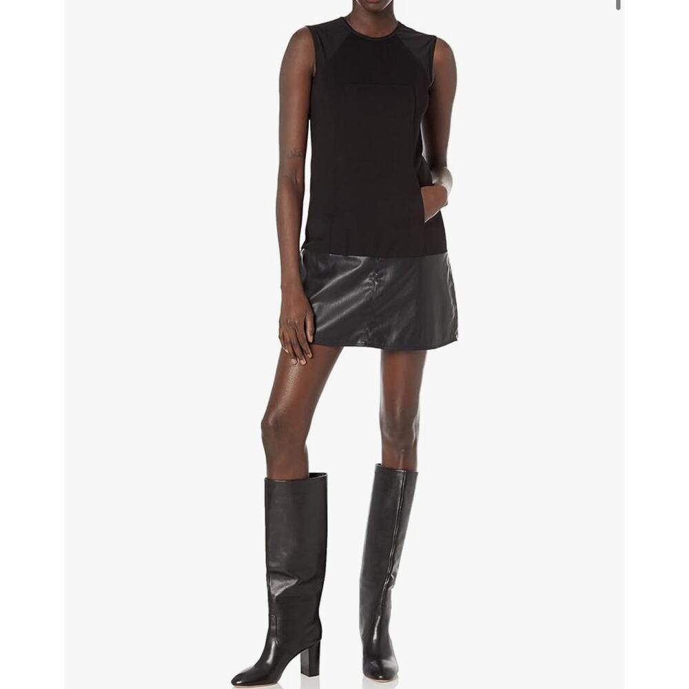 KF Kaufman Franco Women's Black Faux Leather Trim Shift Mini Dress 6
